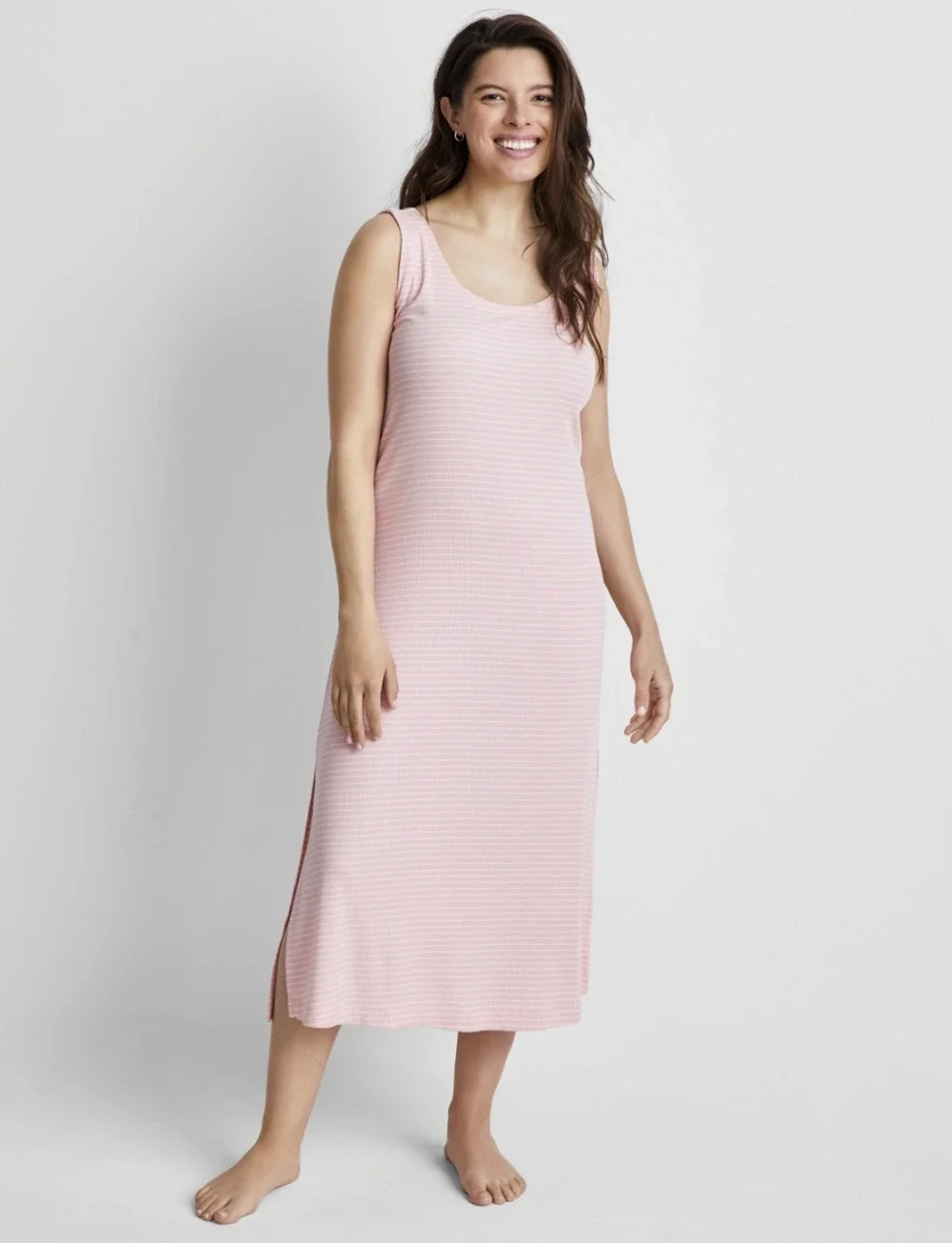 State of Day Women Ribbed Modal Blend Tank Nightgown Stripe Satin Pink Size M